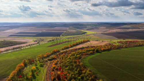 Video - Aerial drone view of a curved railway line passing through colorful autumn trees and open fields in rural Moldova
