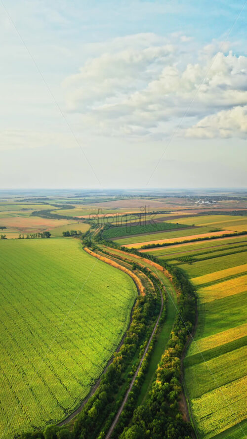 Video - Aerial drone view of the vast Moldovan countryside with colorful patchwork fields stretching to the horizon under a partly cloudy sky. Vertical