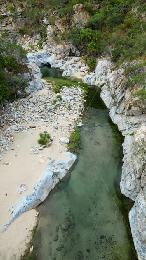 Video - Aerial drone view of a narrow canyon river with crystal green water flowing between rocks and desert vegetation. Vertical