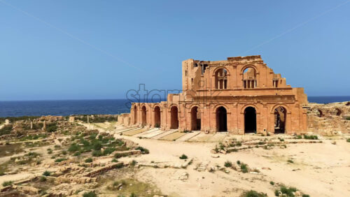 Video - Aerial drone view of ancient Roman ruins along the Libyan coast