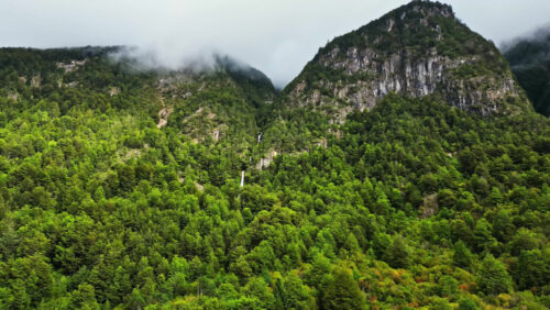 Video - Aerial drone view of a tall waterfall cascading through dense green forest between misty mountains in Patagonia