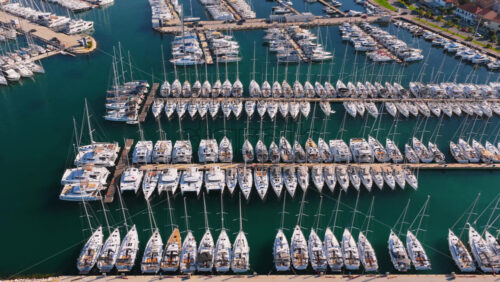 Video – Aerial drone view of Biograd na Moru’s Marina Kornati, one of the largest marinas on the Adriatic. Biograd na Moru, Croatia - Starpik Stock