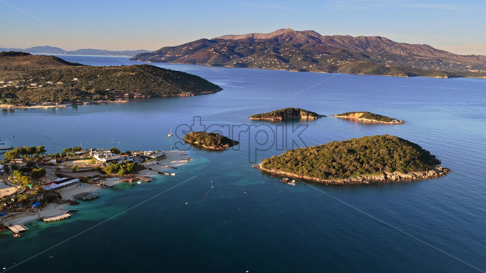 Video – Aerial drone view of the famous Ksamil Islands off the Albanian Riviera - Starpik Stock