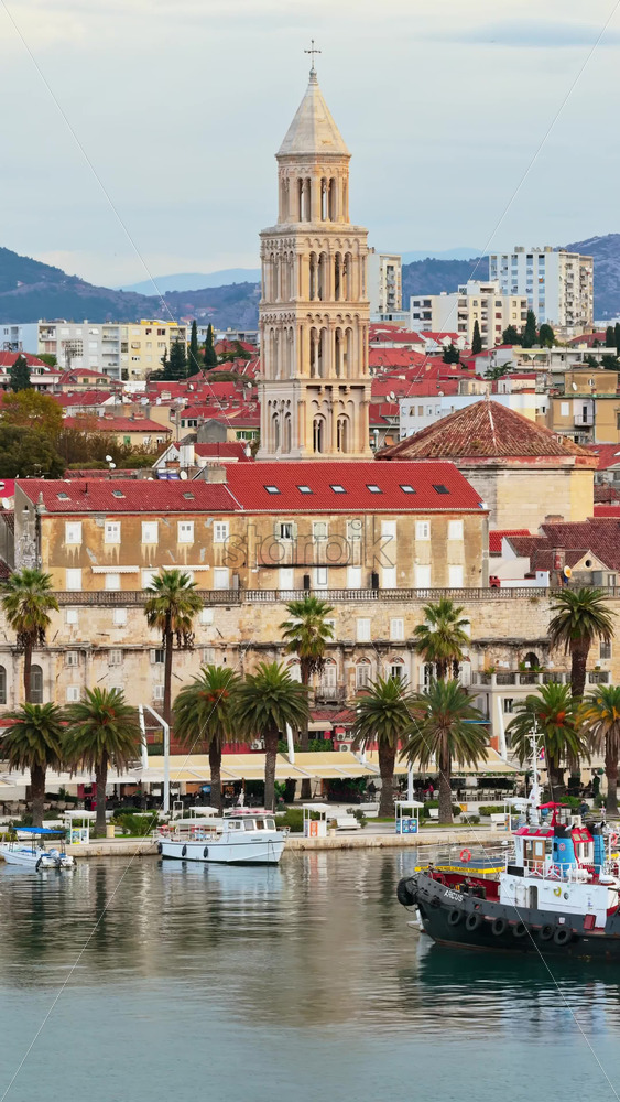 Video – Aerial drone view of the tall bell tower of St. Anastasia Cathedral rising above Zadar’s red roofed historic center. Vertical - Starpik Stock