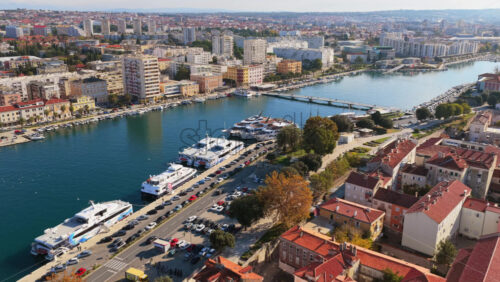 Video – Aerial drone view of yachts, boats, and marina facilities in the Fosa harbor area. Zadar, Croatia - Starpik Stock