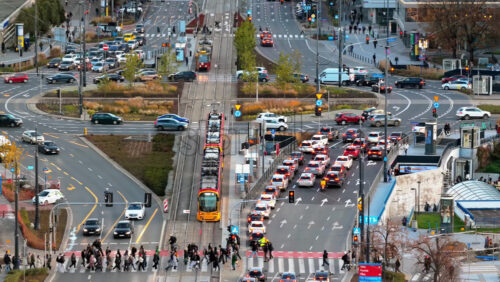 Video – Warsaw, Poland – October 30, 2025: Aerial drone view of heavy traffic, trams, and pedestrians at the intersection of Marszalkowska Street and Swietokrzyska Street, one of central main transit corridors - Starpik Stock