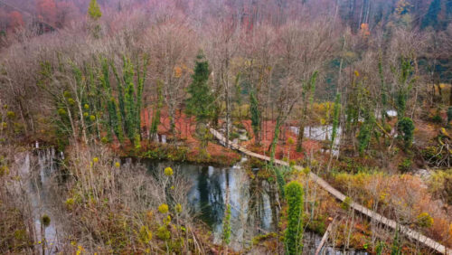 Video - Aerial drone view of wooden pedestrian paths winding across calm lakes and through tall reeds. Plitvice Lakes National Park, Croatia