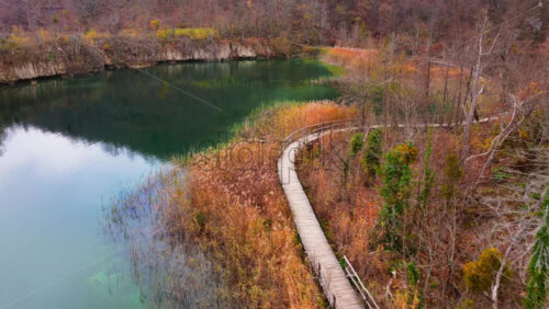 Video - Aerial drone view of wooden pedestrian paths winding across calm lakes and through tall reeds. Plitvice Lakes National Park, Croatia