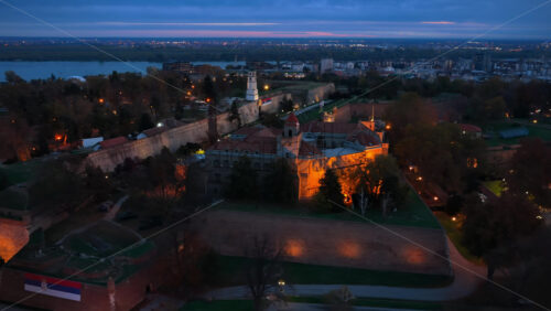 Video - Aerial drone view of Kalemegdan Fortress in Belgrade, Serbia, during twilight