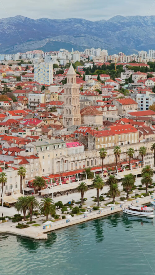 Video - Aerial drone view of the tall bell tower of St. Anastasia Cathedral rising above Zadar's red roofed historic center. Vertical