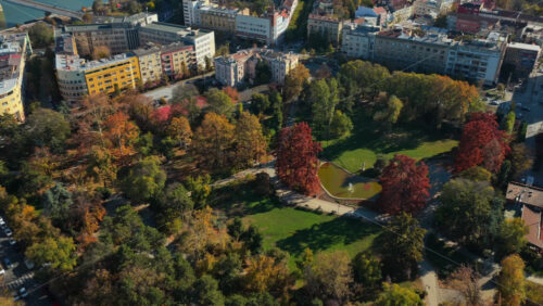 Video - Aerial drone view of Dunavski Park in Novi Sad during autumn, with vibrant trees, walking paths, and a small pond