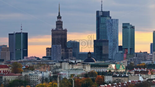 Video - Warsaw, Poland - October 31, 2025: Aerial drone view of central Warsaw showing the National Museum area, the Palace of Culture, and skyscrapers