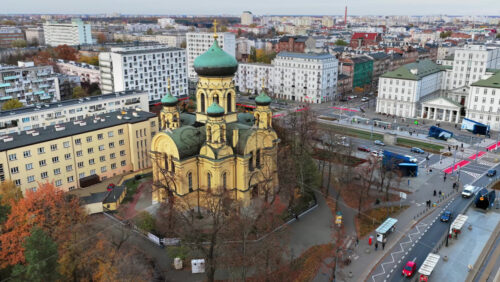 Video - Aerial drone view of the Orthodox Church of St. Mary Magdalene with its distinctive green domes in Praga Polnoc