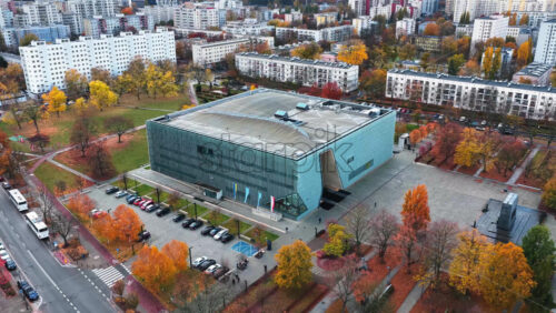 Video - Warsaw, Poland - October 31, 2025: Aerial drone view of the POLIN Museum of the History of Polish Jews in the Muranow district of Warsaw