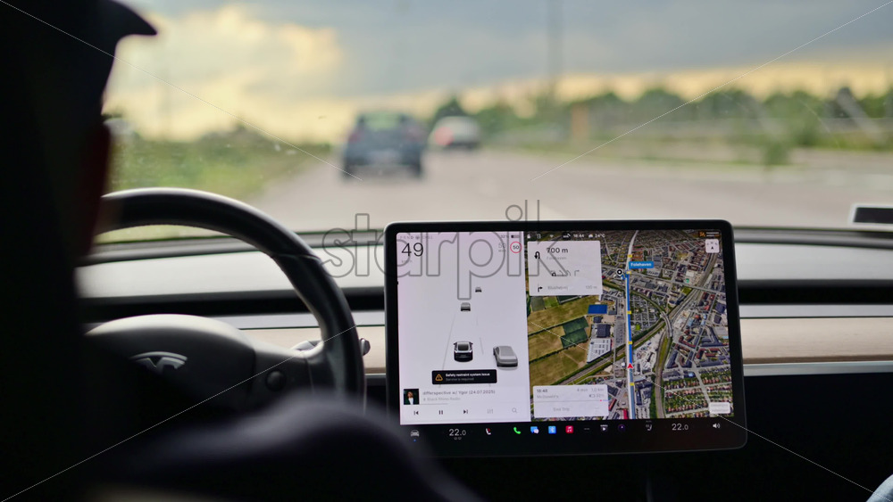 Video - Copenhagen, Denmark - August 4, 2025: Person driving Tesla electric vehicle using an advanced driver assistance system on a highway