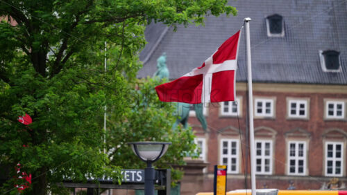 Video - Denmark flag Dannebrog waving against a building and green tree in Copenhagen