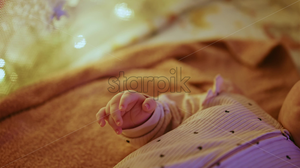 Video - Close up of a baby's hand with warm Christmas lights in the background