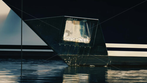 Video - Close up view of a yacht hull partially submerged with gentle water reflections