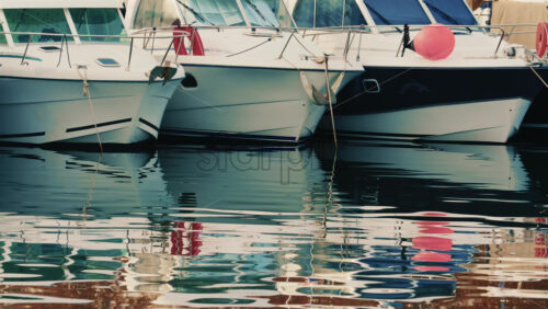 Video - Close up view of moored boats reflected on calm marina water