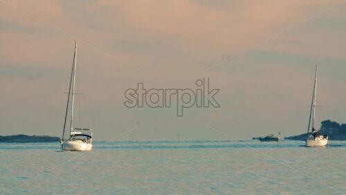Video - Wide shot of sailboats anchored on calm open water with distant shoreline in the background