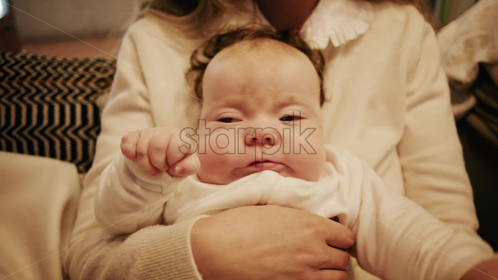 Video - Close-up of a mother gently holding a sleeping baby in a warm indoor setting