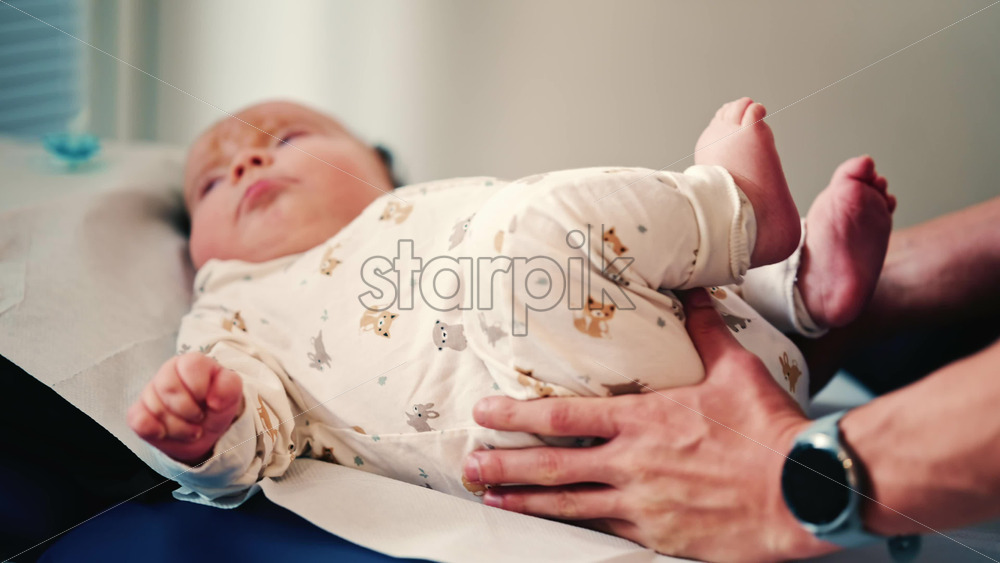 Video - Infant lying on a padded examination table while caregivers gently support the body during a routine check