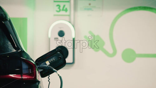 Video - Close up view of a black electric car plugged into a charging station