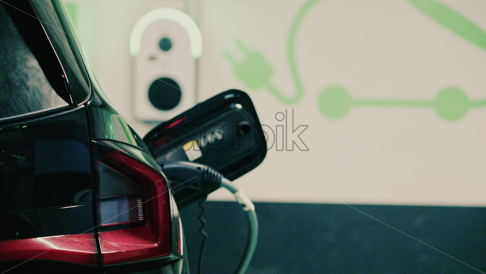 Video - Close up view of a black electric car plugged into a charging station