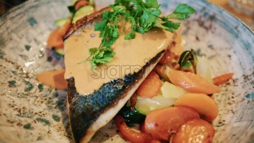Video - Close up of a plated fish fillet served with vegetables and creamy sauce in a restaurant setting