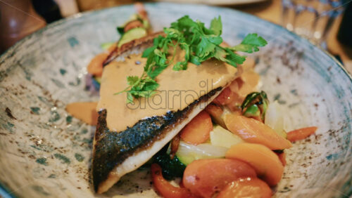 Video - Close up of a plated fish fillet served with vegetables and creamy sauce in a restaurant setting