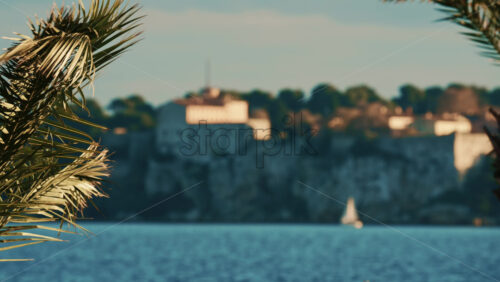 Video - Palm trees swaying gently in the foreground with the historic Fort Carre overlooking the Mediterranean Sea in Antibes