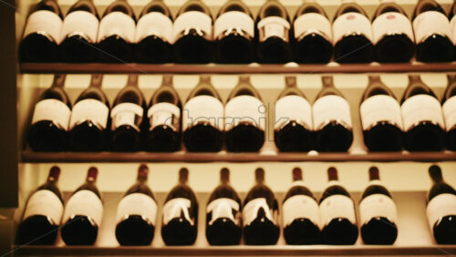 Video - Rows of wine bottles neatly arranged on softly lit shelves in a wine cellar or restaurant interior
