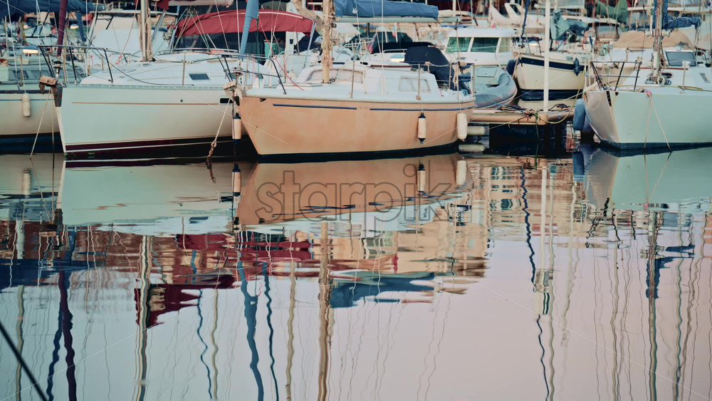 Video - Sailboats and yachts docked in a calm marina, reflected in still water with pastel colored residential buildings in the background