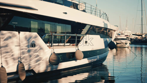 Video - Close up view of a modern luxury yacht hull with fenders hanging at a marina