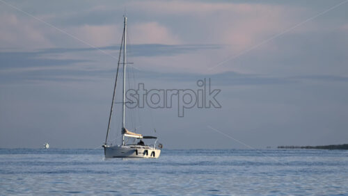 Video - A lone sailboat floating peacefully on calm sea waters, with a soft pastel sky and distant coastline on the horizon