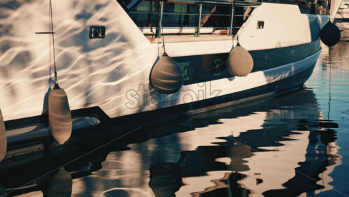 Video - Close up view of a modern luxury yacht hull with fenders hanging at a marina