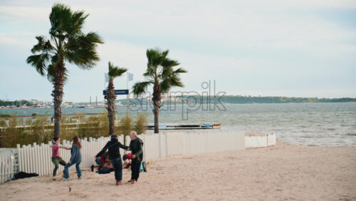 Video - Children playing on the sand near the shoreline, with palm trees and the sea in the background