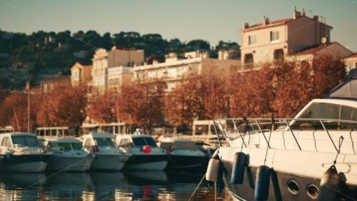 Video - Boats docked at a marina with hillside residential buildings and autumn trees in the background