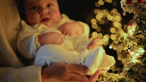 Video - Baby being held close to a decorated Christmas tree, reaching toward illuminated ornaments and lights