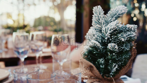 Video - Cozy table setting with glassware and a small snow covered Christmas tree decoration at a resturant