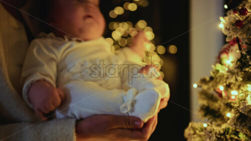 Video – Baby being held close to a decorated Christmas tree, reaching toward illuminated ornaments and lights - Starpik Stock