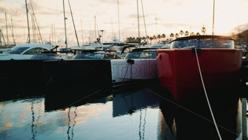 Video – Close up of red and white motorboats moored side by side at a dock, with golden sunset light reflecting on the water - Starpik Stock