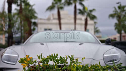 Video – Luxury sports car parked in an urban environment with palm trees and modern architecture in the background - Starpik Stock