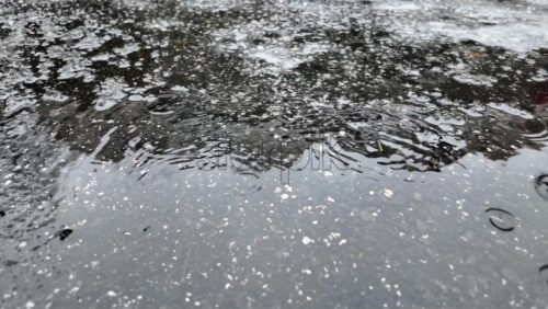 Raindrops hitting a dark asphalt surface, forming circular ripples and reflections during wet winter weather