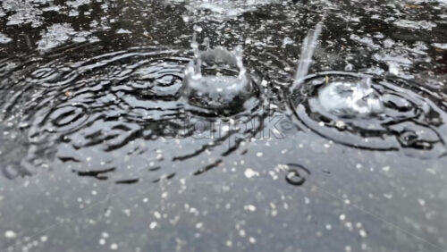 Raindrops hitting a dark asphalt surface, forming circular ripples and reflections during wet winter weather