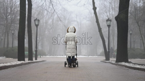 Chisinau, Moldova - January 28, 2026: Rear view of a woman walking alone while pushing a baby stroller along a park pathway in winter