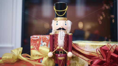 Close up of a traditional nutcracker Christmas figurine surrounded by wrapped gifts