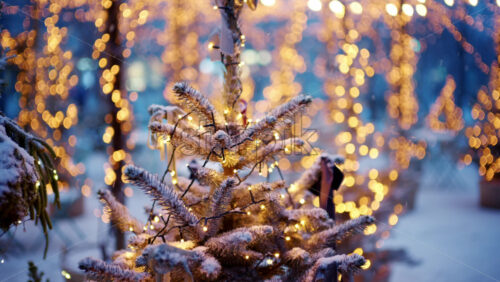 Close up of a small Christmas tree covered in snow and decorated with warm string lights outdoors