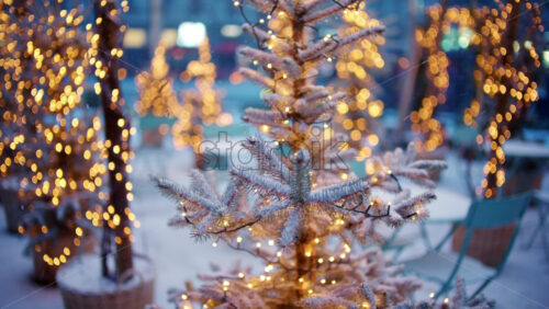 Close up of a small Christmas tree covered in snow and decorated with warm string lights outdoors