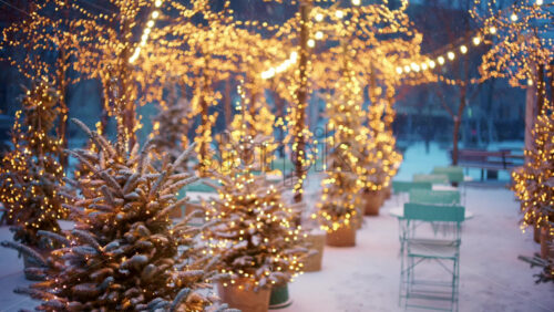 Wide view of an outdoor cafe decorated with Christmas lights forming a glowing archway